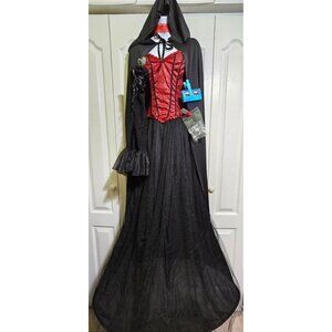 Vampire Costume Hoop Dress Hooded Cape Fangs Lace Corset Gloves Red Gothic Women